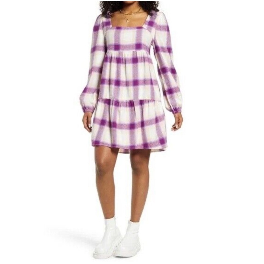 Bp. Purple Plaid Square Neck Puff Long Sleeve Dress